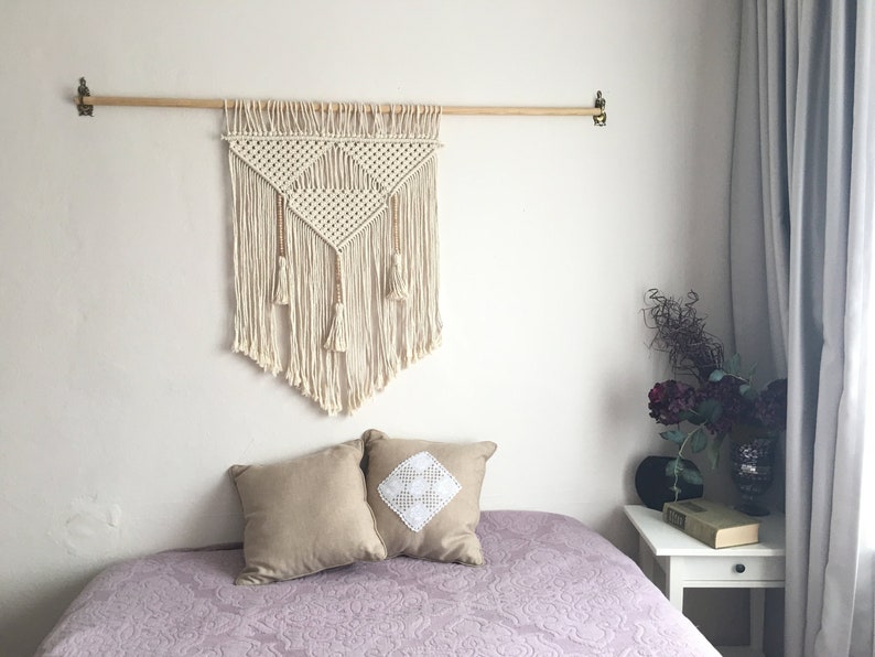Macrame Wall Hanging With Tassels And Wooden Beads Tapestry Woven Decor Over Bed