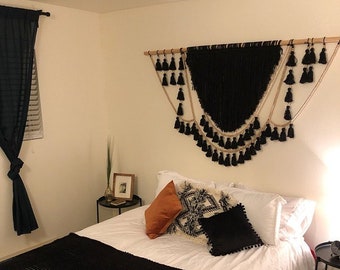 Black Wall Hanging, Gothic home decor, boho tassels garland decoration, macrame headboard