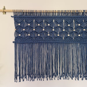 Blue macrame wall hanging, headboard with beads, beaded curtain