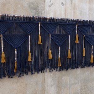Navy Macrame king size home decor with mustard tassels