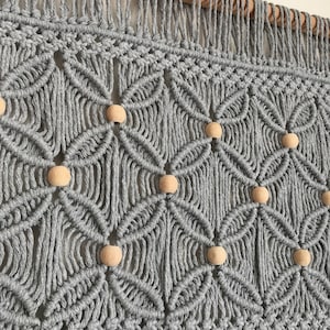 Gray macrame wall hanging, headboard with beads, beaded curtain