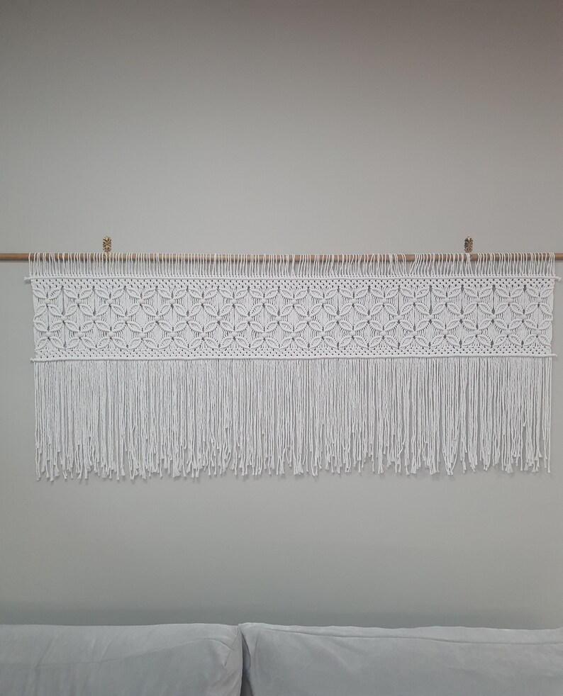 White Large Macrame Wall Hanging With Beads, Boho Flower Textile Art ...