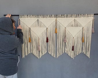 Cabecero de macramé, decoración de pared colorida, gran tapiz colgante.