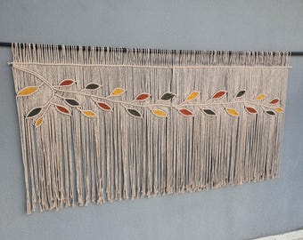 Earthy home decor Window or Door Curtain colorful leaves, leaf macrame
