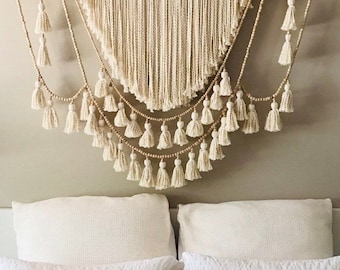 Tassels wedding backdrop, large wall hanging, natural beads hanging