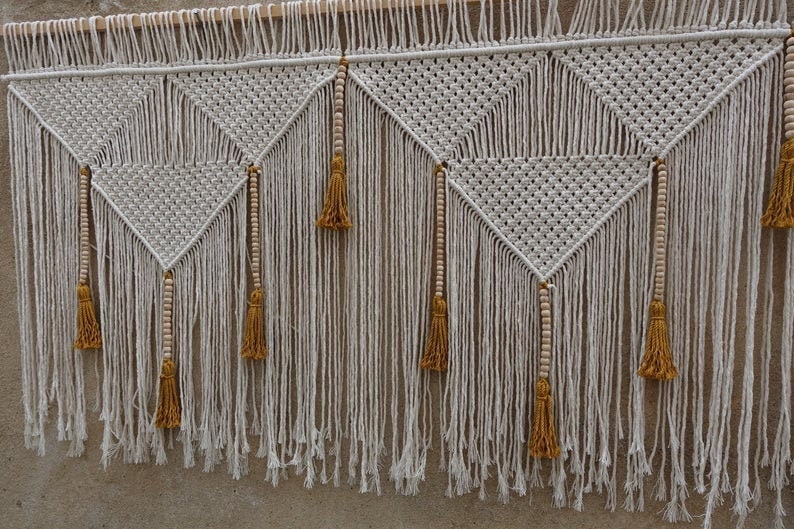 macrame headboard with mustard tassels, large wall art decor image 1