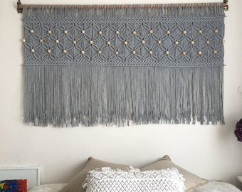 Gray Over bed art, macrame wall hanging, headboard