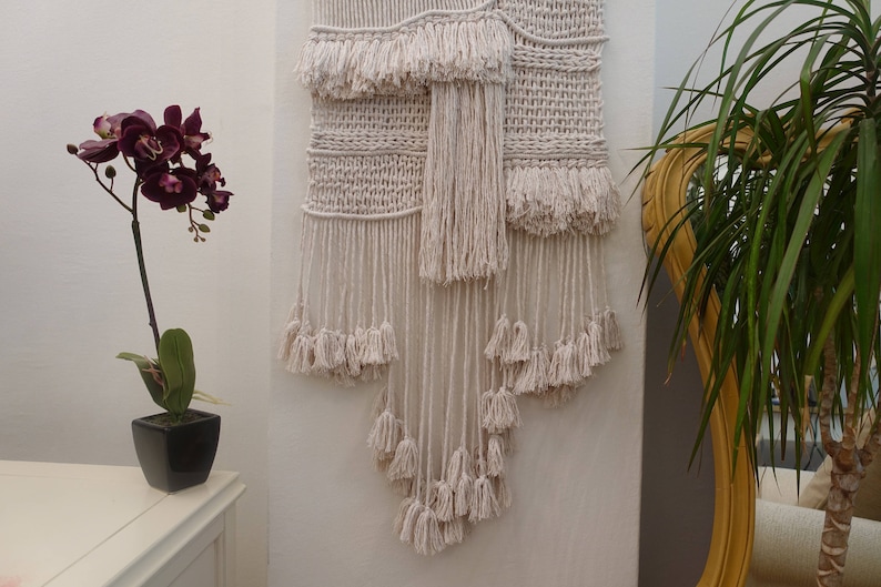 large woven macrame wall hanging, tassel tapestry, textile art, boho home decor image 2