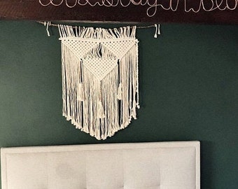 Macrame wall hanging with tassels and wooden beads, tapestry, woven wall decor hanging, Over bed wall decor