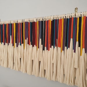 Puede incluir: Un tapiz de macram&eacute; de pared colorido con una variedad de hilos de lana de diferentes colores, incluyendo rojo, naranja, amarillo, verde, azul, morado y negro. Los hilos est&aacute;n atados juntos en la parte superior y cuelgan en cascada de borlas.