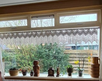 large macrame valance, short boho kitchen curtain, cafe curtains, neutral valances