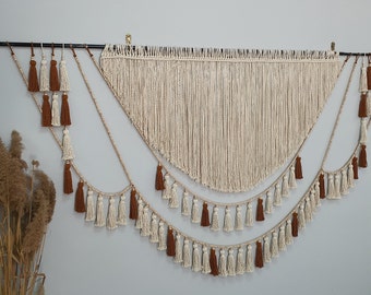 Macrame wall hanging, bead garland tassels wall hanging, king headboard, wall art for living room