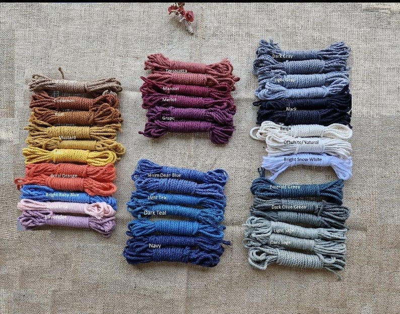 May include: Assortment of 18 colors of cotton rope, including terracotta, maroon, merlot, grape, denim dear blue, light teal, dark teal, navy, dark grey, light grey, black, beige, off-white/natural, bright snow white, emerald green, dark olive green, light sage, and dark sage.