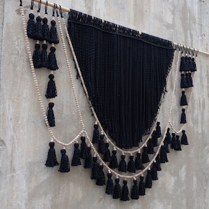 Black Wall Hanging, Gothic home decor, boho tassels garland decoration, macrame headboard