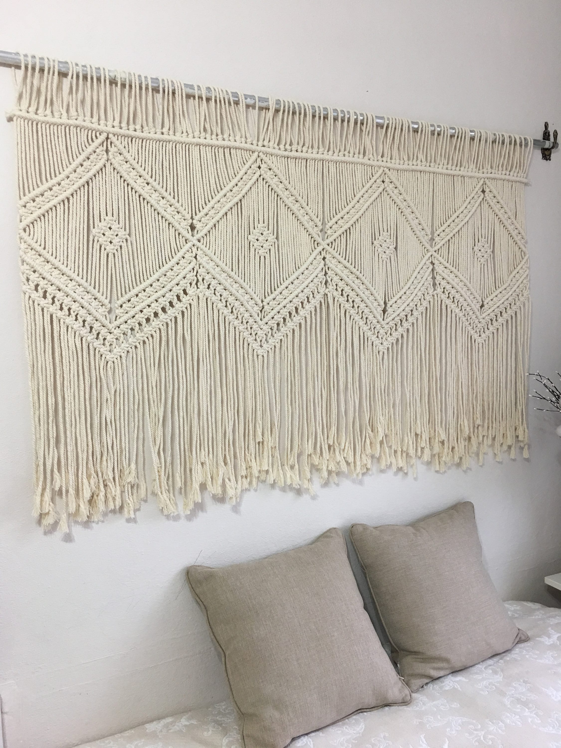 Arazzo Da Parete In Macramè Bohemien - 90x80 Cm, Cotone 100% Con Legni Naturali, Decorazione Per Casa