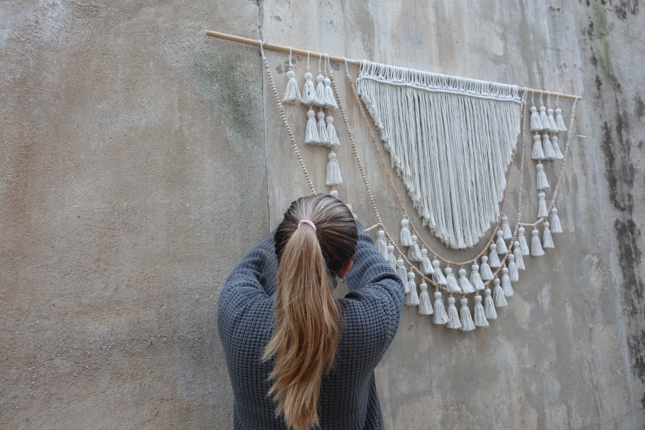 boho decoration, tassel wall hanging, wallknot wall tassels wooden beads garland, over bed decor, bedroom decoration
