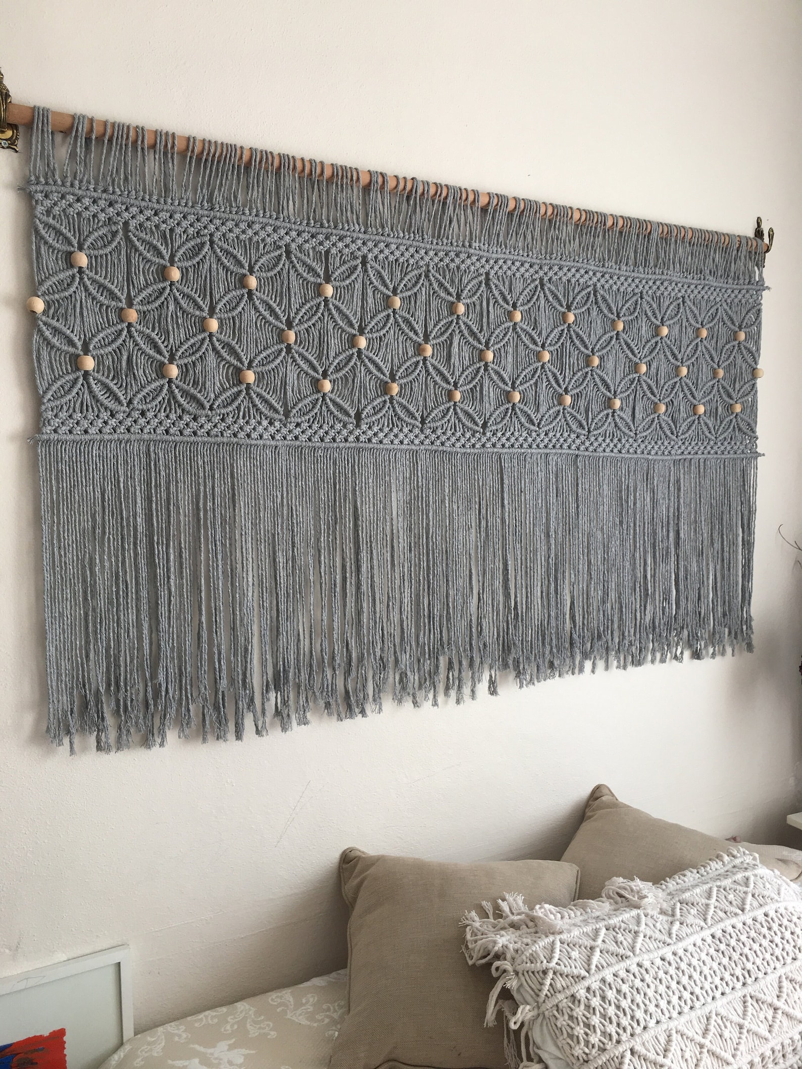 Gray Macrame Wall Hanging Headboard With Beads Beaded Etsy Australia