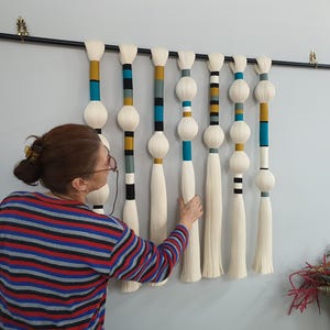 Large tassels wrapped ball macrame wall art, multi color wrapped cord decor, boho home