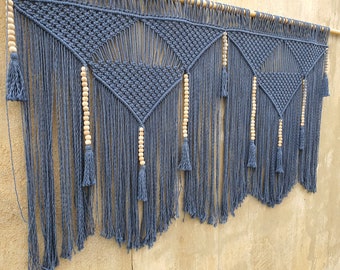 Blue Macrame headboard, Large wall hanging denim