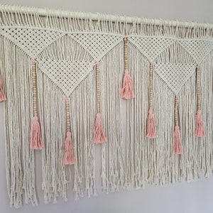 Off-White Macrame Wall Hanging with Blush Pink Tassels - Nursery Decor