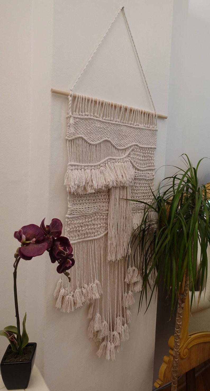 large woven macrame wall hanging, tassel tapestry, textile art, boho home decor image 10