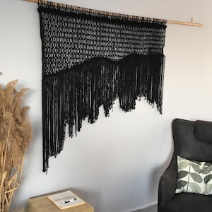 Black Macrame Textile Art: Diagonal Large Boho Hanging (55x37 inch)