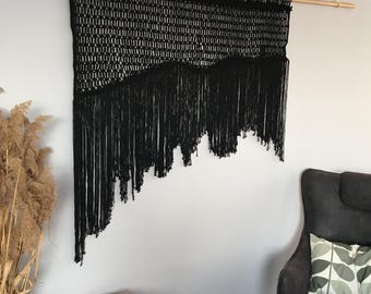 Black Macrame Textile Art: Diagonal Large Boho Hanging (55x37 inch)