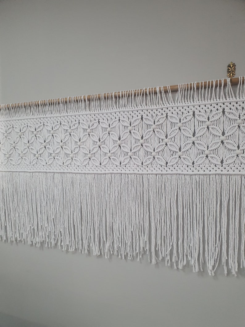 White Large Macrame Wall Hanging With Beads, Boho Flower Textile Art ...