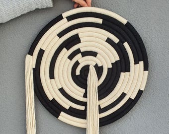 Striped Black White Circle Wall Hanging: Woven Tapestry Decor 18"