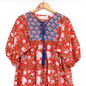 Bold Bohemian Floral Cotton Dress – Hand Block Printed Red & Blue Maxi | Puff Sleeve Folk Tunic Dress | Resort Wear Maxi Dress for Women
