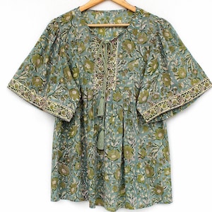 Boho Floral Block Print Cotton Tunic – Handcrafted Blouse Top with Tassel Tie | Vintage-Inspired Bohemian Blouse | Dress with Border.