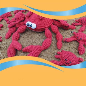 Puede incluir: Un grupo de cangrejos rojos de crochet de diferentes tamaños. El cangrejo más grande tiene grandes ojos blancos y está rodeado de cangrejos más pequeños. Los cangrejos están sobre una superficie arenosa.