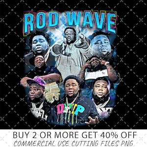 May include: A digital illustration of a group of men with the text "ROD WAVE" in blue and pink letters. The men are wearing various clothing, including a black shirt with the word "DRIP" in colorful letters. The image is set against a black background with a white and blue pattern.