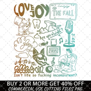 May include: A digital illustration featuring a range of doodles in green and orange shades. The doodles include a frog playing a guitar, a tooth, a cat, a perfume bottle, a microphone, a person sitting with a phone, a musical note, a skull, an 8-ball, and the words "Lovejoy", "The Fall", "Are you alright?", "Sebblebrain", and "Isn't life so fucking inconsistent?"