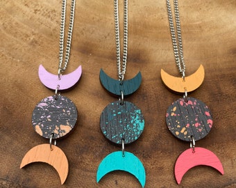 moon phase necklace •  moon jewellery • handpainted moon • painted wood necklace • laser cut jewellery • moon phases • lunar cycle •