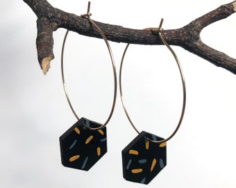 Hexagon hoop earrings • wooden earrings • handmade earrings • laser cut jewellery • hand painted jewellery • dangly earrings