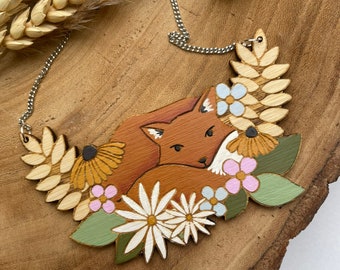 Hand painted bamboo fox necklace • bib necklace •  lasercut jewellery • statement necklace • sustainable jewellery