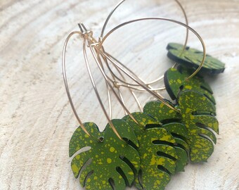 Monstera hoop earrings • wooden earrings • handmade earrings • laser cut jewellery • hand painted jewellery • dangly earrings • cheese plant