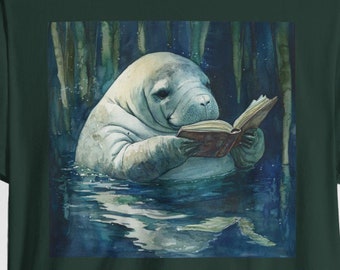 Manatee-leesboek T-shirt uniseks, cadeau dierenliefhebber, grafische T-shirt boekenwurm, top Ocean Life, aanwezige natuurliefhebber
