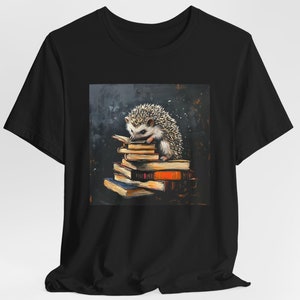 Hedgehog Reading Library Book Soft Unisex Jersey Short Sleeve Gift Tee Shirt for Hedge Hog Lovers and Book Lovers, Book Worms