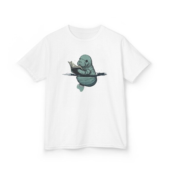 Manatee Reading Book Kids Cotton Tee - Fun Animal Tshirt, Kids Birthday Gift, Animal Lovers Shirt, Wildlife Lover Present, Cute Animals