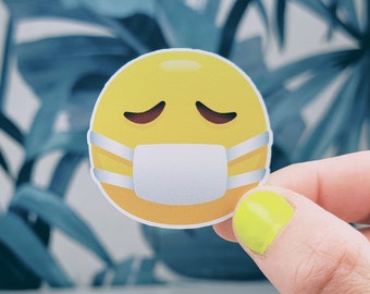 Pegatina de emoji de mascarilla: vinilo brillante, resistente al agua