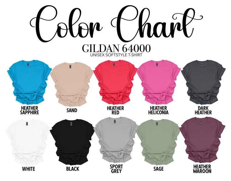 Peut inclure: Nuancier de couleurs montrant diff&eacute;rentes couleurs de t-shirts unisexes Gildan 64000 softstyle. Les couleurs incluent Heather Sapphire, Sand, Heather Red, Heather Heliconia, Dark Heather, White, Black, Sport Grey, Sage, et Heather Maroon.