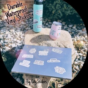 Peut inclure: Une collection d'autocollants en vinyle imperm&eacute;ables pr&eacute;sentant diverses phrases et designs. Les autocollants sont affich&eacute;s sur un ordinateur portable, une bouteille d'eau et un gobelet. Certaines des phrases incluent "Anti Animal Cruelty Club", "She Believed She Could So She Did", "Caffeinate + Educate", "I'm Fluent in Sarcasm", "Just Go Swimming", "Don't Worry I Have a Spread Sheet for That", "Strive for Perfection", "Wear Black Love Coffee Avoid People", "Shhh, No One Cares", "I Don't Like Morning People or Mornings or People", "Id Take a Nerf Bullet for You", "But You Can't Buy It", "Big City Stickers".