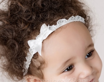 Baby headband, baptism headband,  christening bow headband, bow headband, lace and bow headband