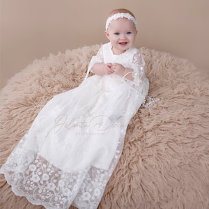 Floral Lace Baby Girl Baptism Gown: Milk White Blessing Dress