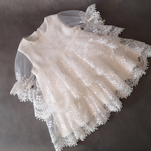 Lace Christening Dress: Ivory Silk Crepe, Scalloped Sleeves (18-24 Month)