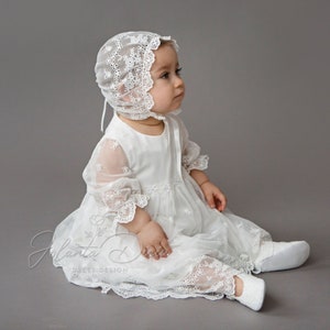Lace Christening Gown: Long Sleeve Baptism Dress, Off White