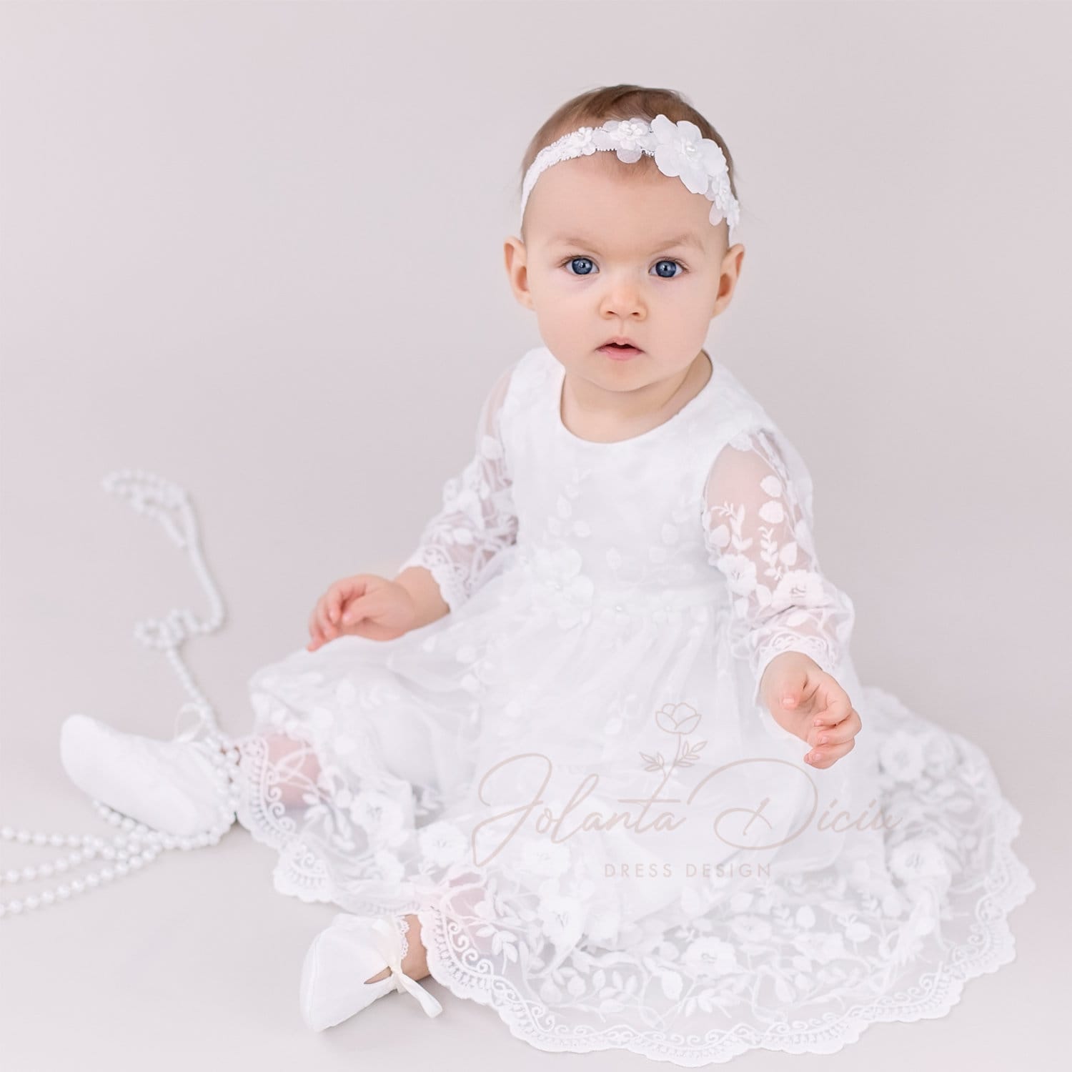 Baby girl long top sleeve christening dress