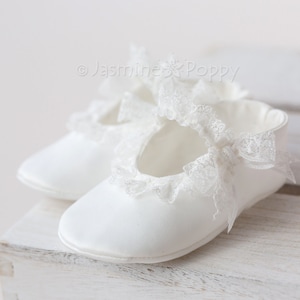 Satin Ivory Baby Shoes: Christening Booties with Lace Bows